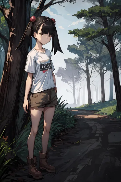 (masterpiece),(best quality), <lora:OtonashiMeru:0.75>, meru, alternative haircut, blunt bangs, hair bobbles, hair ornament, (brown shorts), t-shirt, boots, dirt road, bare tree, bush, (night), fog, mist, forest, nature, scenery, solo, standing, tree,<lora:Adddetail:0.8>