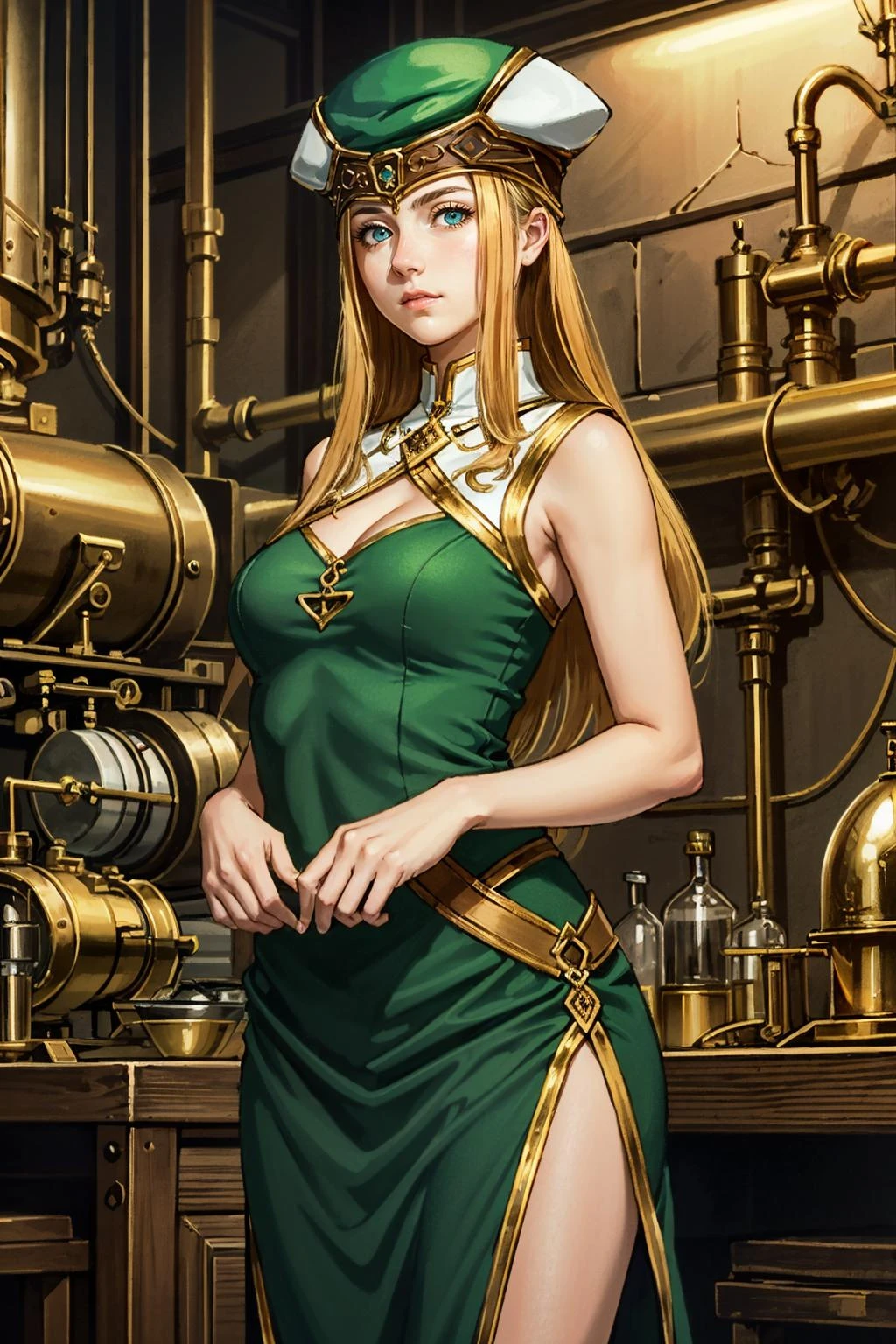 ((masterpiece, best quality))
<lora:ValkyrieProfileFreya:0.8>
ValkyrieProfileFreya, 1girl, solo, long hair, blonde hair, blue eyes, hat, green dress, in a steampunk laboratory, surrounded by intricate contraptions and brass gadgets