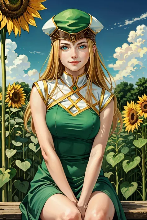 ((masterpiece, best quality))
<lora:ValkyrieProfileFreya:0.8>
ValkyrieProfileFreya, 1girl, solo, long hair, blonde hair, blue eyes, hat, green dress, sitting in a sunflower field, smiling, sunlight