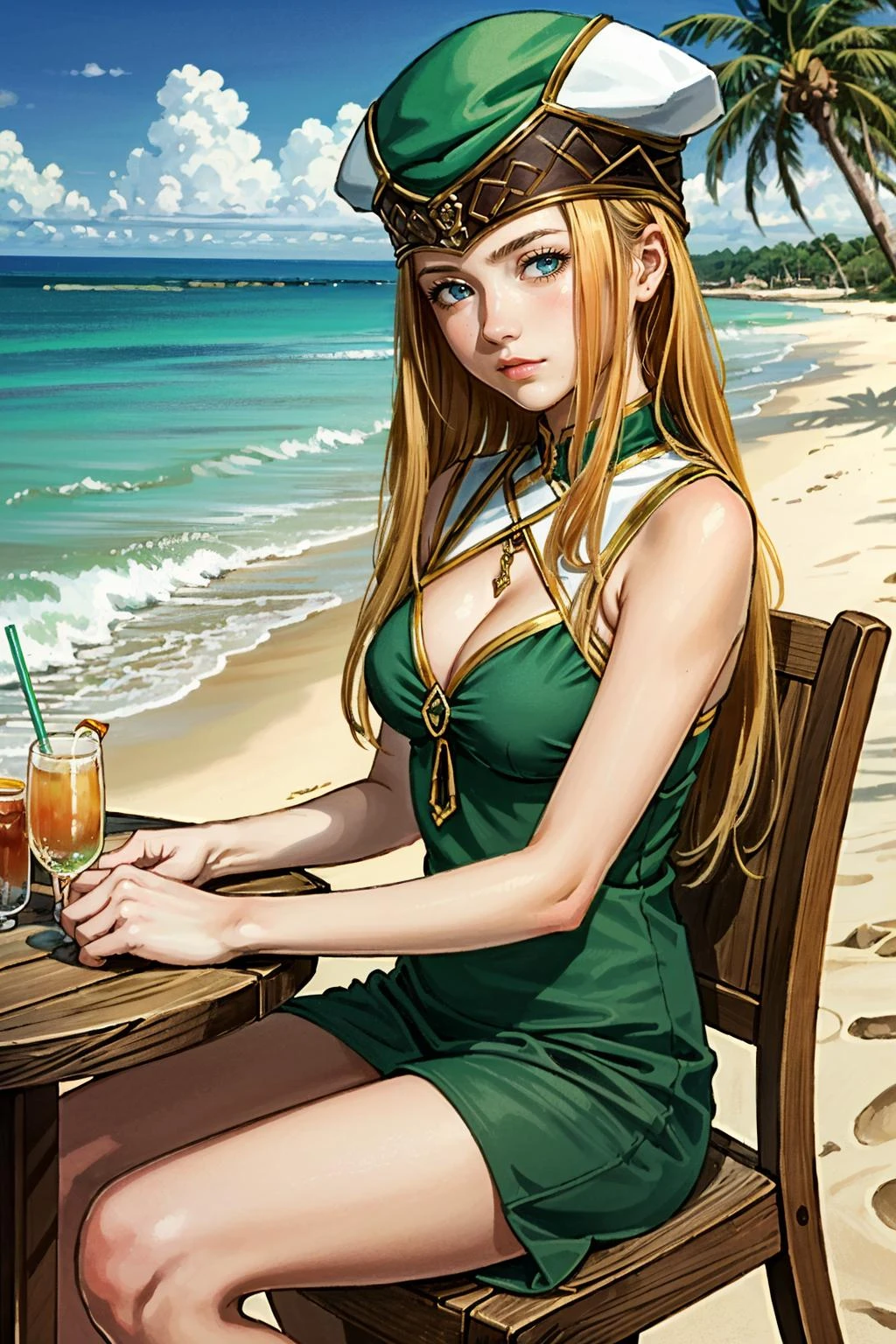((masterpiece, best quality))
<lora:ValkyrieProfileFreya:0.8>
ValkyrieProfileFreya, 1girl, solo, long hair, blonde hair, blue eyes, hat, green dress, at the beach, bikini, sitting, cocktail
