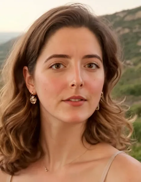 Alice Cappelle, with her stunning brown hair flowing down her back, stood before a breathtaking landscape, her brown eyes gazing intently as she admired the view, her parted lips framing a subtle smile. A distinct mole on her cheek drew the eye towards her face, while her expressive gaze lingered on the intricate earrings adorning her neckline, showcasing them against the turtleneck that hugged her shoulders. <lora:tjvmlj18e10e40659vc58:1>