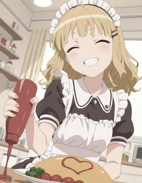1girl,
<lora:oomurosakurakoXL1:0.8>,oomurosakurako,
hairclip, brown eyes, blonde hair,
smile,closed eyes,teeth,
maid uniform,
 <lora:omumojiXLv1:1> omumoji,  food, omurice, ketchup bottle,
masterpiece, best quality, ultra detailed, highres,4k,(ultra-detailed:1.4) (illustration:0.5), (ray tracing,:0.8),(anime colored:0.7),(ai-generated:0.5), (anime screencap:1.2),