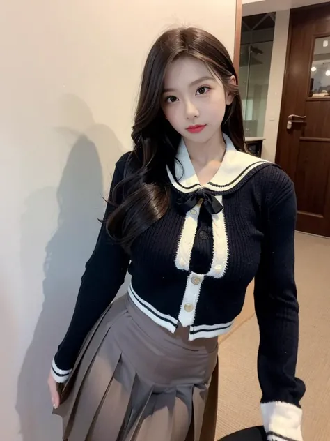 best quality, (photorealistic:1.2), 1girl, solo, best quality, ultra high res, (photorealistic:1.4), 1girl,solo, full lips, a sultry gaze, school uniform, A sexy student might possess a confident and alluring demeanor, showing a sense of self-assurance and charisma that draws people towards them.She has a toned and fit physique, and carry themselves with poise and grace. Her clothing and style might be fashionable and tasteful, accentuating their best features while maintaining a sense of class and elegance, very_long_hair, full body, medium breasts,  long_legs, pleated skirt, (pantyhose:0.8). <lora:Lora_v10:0.8> <lora:koreanDollLikeness_v10:0.2>