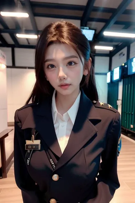 <lora:ip-adapter-faceid-plusv2_sd15_lora>,<lora:xiaotuntunshu v1>,police_uniform,best quality,(photorealistic:1.2),(ulzzang-6500-v1.1:0.7),1girl,solo,1girl,(photo by Canon 5d, 50mm ZEISS lens),solo,brown eyes,brown hair,long hair,masterpiece,upper body,cleavage,