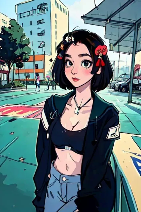 (straight on:1.3, fisheye:1.3), (masterpiece:1.2, best quality), (real picture, intricate details), 1lady, solo, upper body, medium breast, cleavage, wide hips, thick thighs, (curvy :1.3),
Clothing: Bape outfit, school uniform, Hair: black,(hair ornament:1.35), Makeup: natural, Behavior: laid-back, cool, independent, Location: skate park,
xiaotuntunshu, <lora:xiaotuntunshu v1:0.9>, <lora:clothesUpdate:1>, <lora:GoodHands-beta2:1>,