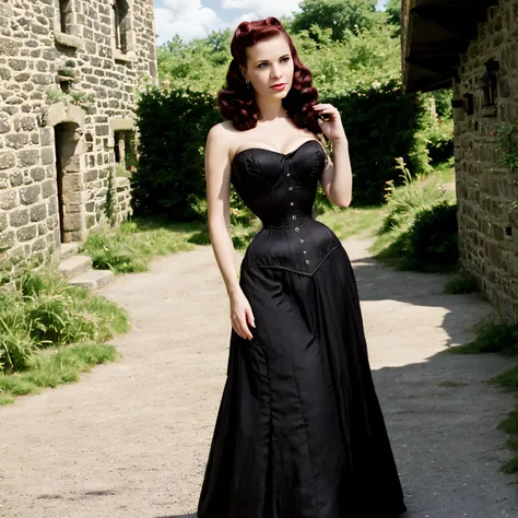 a dark haired gothic woman  wearing black satin  wasp waist corset over  50s vintage red summer dress , retro hairstyle, in stone manor hall, natural lighting, outdoors, vintage, photorealism, PHOTOREALISTIC, cleavage, 4k, Depth of field, Canon, atmospheric lighting
<lora:corset_v1.0:0.8>