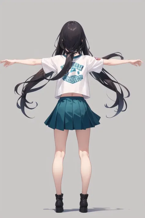 1girl, casual clothes, t-shirt, pleated skirt, long hair, short sleeves, standing, t-pose, outstretched arms, grey background, simple background, from behind