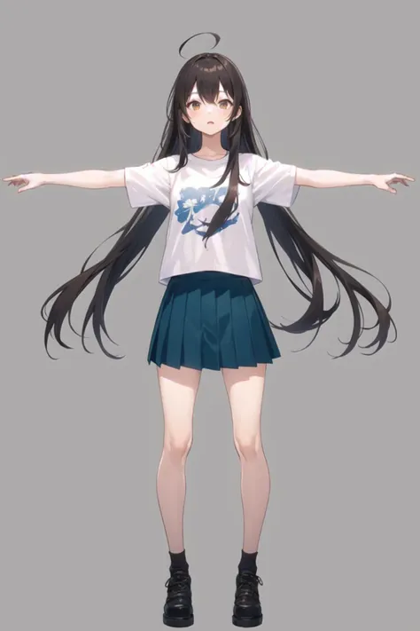 1girl, casual clothes, t-shirt, pleated skirt, long hair, short sleeves, standing, t-pose, outstretched arms, grey background, simple background