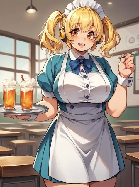 anime waitress holding a tray of beer in a classroom