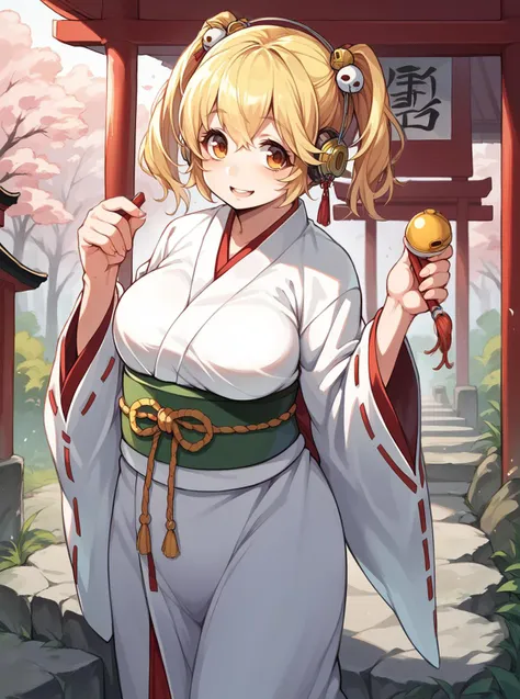 anime girl in kimono outfit holding a golden egg in front of a red gate