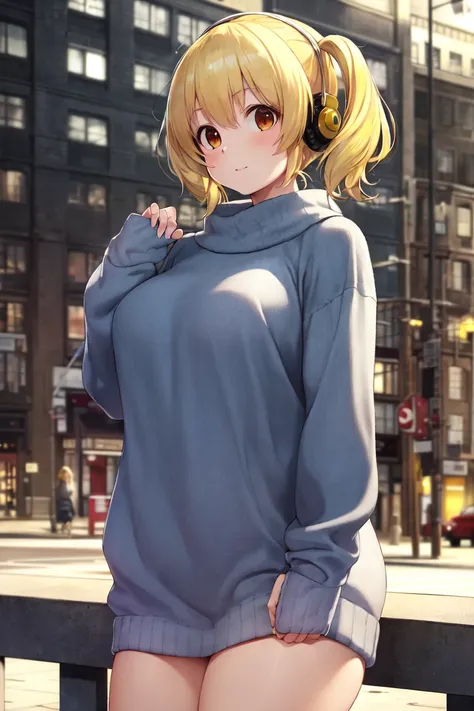 masterpiece, best_quality, 1girl, solo, super pochaco, blonde hair, plump, sweater, city