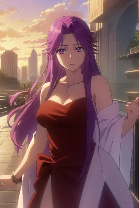 yurikotakagi, <lora:yuriko takagi s1-lora-nochekaiser:1>,
yuriko takagi, long hair, (purple eyes:1.1), purple hair, (parted bangs:1.5),
BREAK dress, cleavage, jewelry, necklace, high heels, red dress, red footwear, shawl,
BREAK outdoors, city, zombies, sun, sky, clouds, cars,
BREAK looking at viewer, (cowboy shot:1.5),
BREAK <lyco:GoodHands-beta2:1>, (masterpiece:1.2), best quality, high resolution, unity 8k wallpaper, (illustration:0.8), (beautiful detailed eyes:1.6), extremely detailed face, perfect lighting, extremely detailed CG, (perfect hands, perfect anatomy),