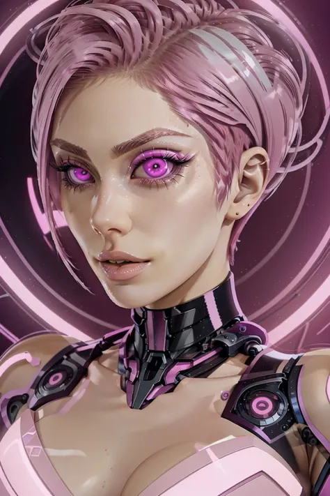 medium-wide shot, WhitDel, pink eyes, pink hair, pixie cut, (((pale skin))), neonhypnopmv style, robotization machine, cybernetic implants, glow <lora:NeonHypnoPMV:0.7>  <lora:WhitDel:0.9>