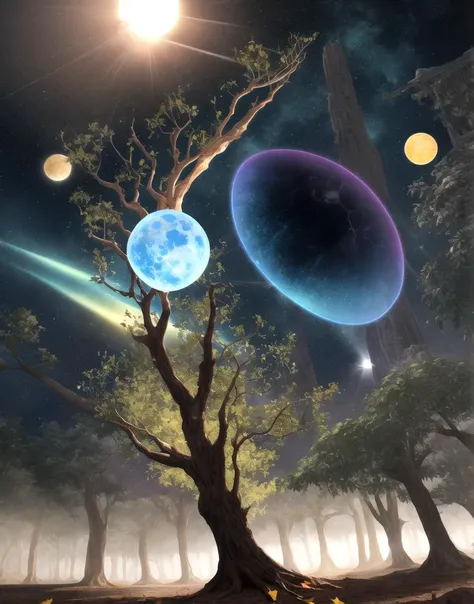Masterpiece, best quality,  desert, eclipse, lens_flare, glowing blue giant tree, world tree, magical, glowing multicolored leaves falling, world collapsing, multiverse,  highly detailed and intricate art