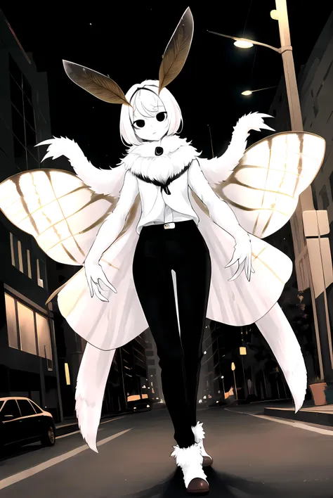 masterpiece, best quality, 1girl, solo, moth girl, white hair, white skin, four arms, multiple arms, black eyes, neck fur, moth antennae, (white moth wings), multiple wings, casual top, black pants, fur collar, outside, city, at night, streetlight <lora:mothgirl:0.6>
