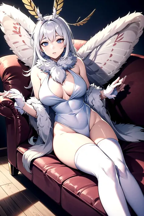 <lora:mothgirl:0.6> moth girl,moth wings,neck fur,antennae,mature female, thighhighs, large breasts, a beautiful female lying on a white sofa looking at ceiling, the ceiling have a ceiling light,