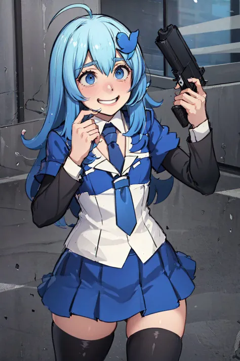 (masterpiece, best quality:1.2), <lyco:twitterchan-nvwls-v1-final:0.8>, <lyco:Guns Akimbo:0.8>, solo, 1girl, twitter-chan, crazy smile, crazy eyes, guns akimbo, holding weapon, gun, hair ornament, white shirt, black long-sleeve shirt, layered sleeves, necktie, blue skirt, black thighhighs