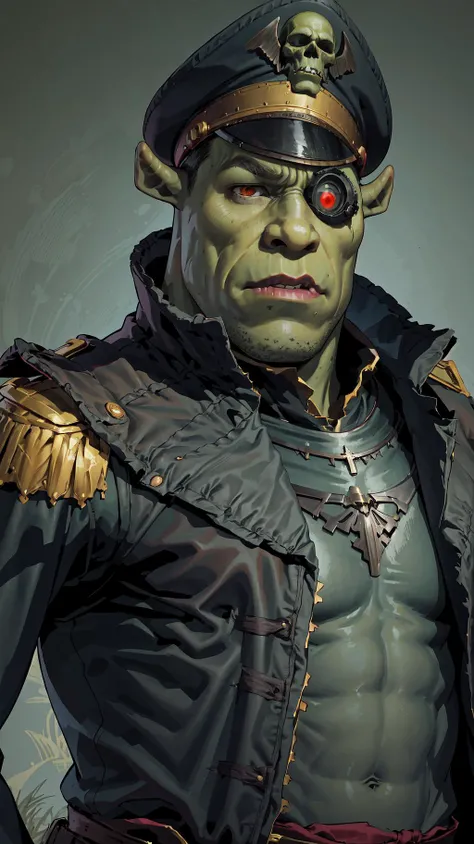 High Quality, Masterpiece, 1boy, solo, edgCommissar, epaulettes, wearing edgCommissar, ((artificial eye)), skull emblem, millitary uniform, hat, <lora:Outfit_Warhammer40KCommissar:1>, shrex, green skin, ogre, shrek, <lora:Char_Sigmas_Shrek:0.9>, upper body, muscular male,