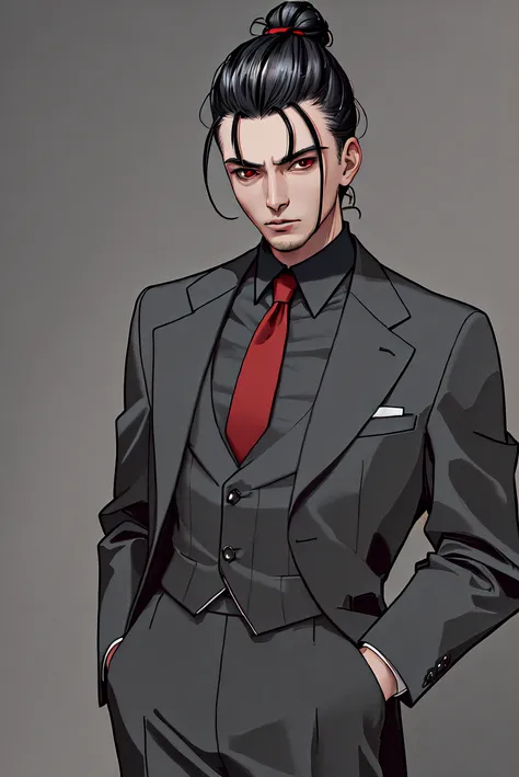 (masterpiece, best quality, ultra-detailed, best shadow, absurdres),(western style:0.5), (realistic:1.2), analog style, (Fibonacci), (detailed background, upper body, cowboy shot, serious, standing, adjusting tie, looking at viewer), (detailed face, masculine features, mature face), (best illumination), ((cinematic light)), colorful, hyper detail, dramatic light, intricate details, (1boy, androgynous, man named Fyroris, flat chest, black hair, dark-skinned male, muscular, (hair bun), (black sclera:1.5, red eyes), business suit, 1920s), <lora:blacksclera-v1.5-lora-naivae-32dim-6ep:0.6>