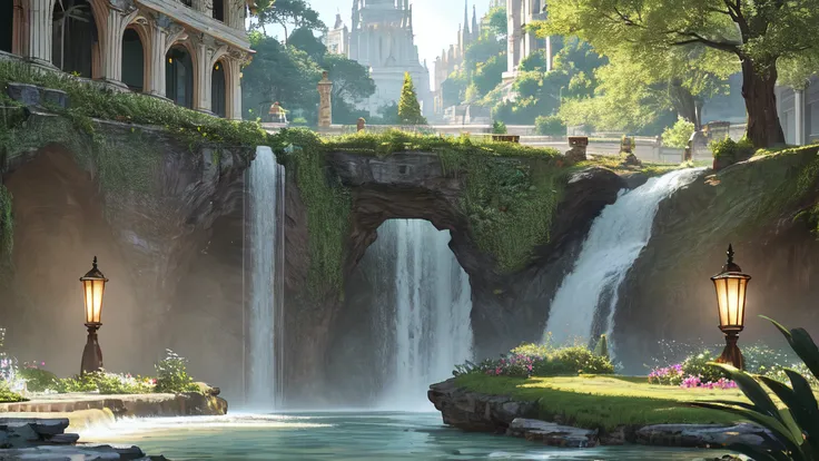 (masterpiece, best quality, ultra-detailed, best shadow), (western style:0.5), analog style, Fibonacci, (detailed background, very wide shot, wallpaper, ultra hd wallpaper, 4k, 8k, elven city street, white marble buildings, overgrown, lush vegetation, fountains, waterfall, magical, holographic interface, [futuristic]), (best illumination), (cinematic light), colorful, hyper detail, dramatic light, intricate details