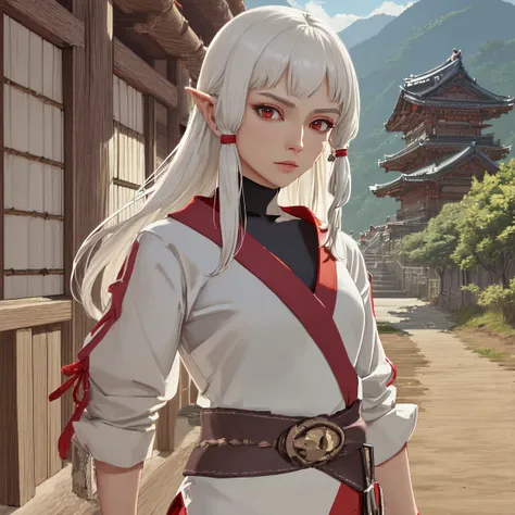  <lora:Zeldaimpav2:0.4>, (masterpiece, best quality, ultra-detailed, best shadow), (western style:0.5), analog style, Fibonacci, (detailed background, upper body, cowboy shot, outdoors, japanese village, medieval), (beautiful detailed face, masculine features, mature face), (best illumination), (cinematic light), colorful, hyper detail, dramatic light, intricate details, (1girl, woman named Lynna, [Impa, YoungOutfit, Link], sheikah, white hair, medium hair, belt, red eyes, white and red short kimono, leggings, [muscular]), made by mori
