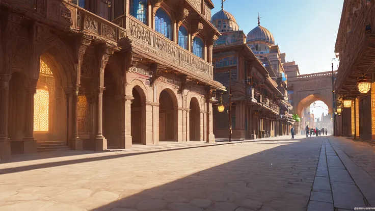 (masterpiece, best quality, ultra-detailed, best shadow), (western style:0.5), analog style, Fibonacci, (detailed background, very wide shot, wallpaper, ultra hd wallpaper, 4k, 8k, city street, (magical, holographic interface, futuristic, hologram), arabic, middle eastern, Moroccan, stone buildings, brick roads, ), (best illumination), (cinematic light), colorful, hyper detail, dramatic light, intricate details