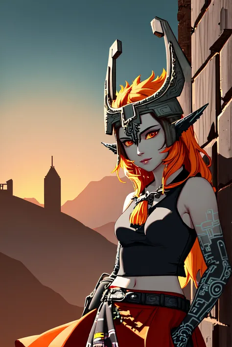 <lora:tloz_midna-10:1.0>, (masterpiece, best quality, ultra-detailed, best shadow), (western style:0.5), analog style, Fibonacci, (detailed background, cowboy shot, upper body, outdoors, twilight, ruins, smirk), (best illumination), (cinematic light), colorful, hyper detail, dramatic light, intricate details, (1girl, woman, midnaimp, spirit, horns, helmet, colored sclera, yellow sclera, orange hair, black sleeveless top, long red skirt, jewelry, [punk]), made by mori