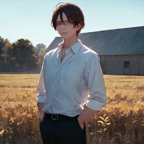 (masterpiece, best quality, ultra-detailed, best shadow), (detailed background, cowboy shot, upper body, farm, outdoors,countryside, barn, back against a wall, facing viewer, looking at viewer, hands in pockets ), (detailed face, masculine features, nerd), high contrast, (best illumination), ((cinematic light)), colorful, hyper detail, dramatic light, intricate details, ( 1boy, solo, young man named Micah, brown hair, blue eyes, short messy hair, slim, button up shirt, trousers, 1920s )