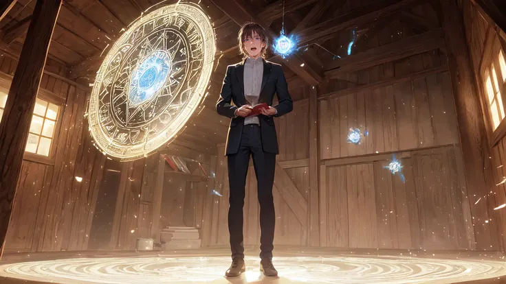 (masterpiece, best quality, ultra-detailed, best shadow), (detailed background, wide shot, barn, standing in a (magic circle), reading from a book, (summoning), open mouth, holding book, incantation, grimoire, light particles, ritual, powering up, energy ), high contrast, (best illumination), ((cinematic light)), colorful, hyper detail, dramatic light, intricate details, BREAK (detailed face, masculine features, nerd), (young man named Micah, brown hair, blue eyes, short messy hair, button-up shirt, trousers, 1920s )
