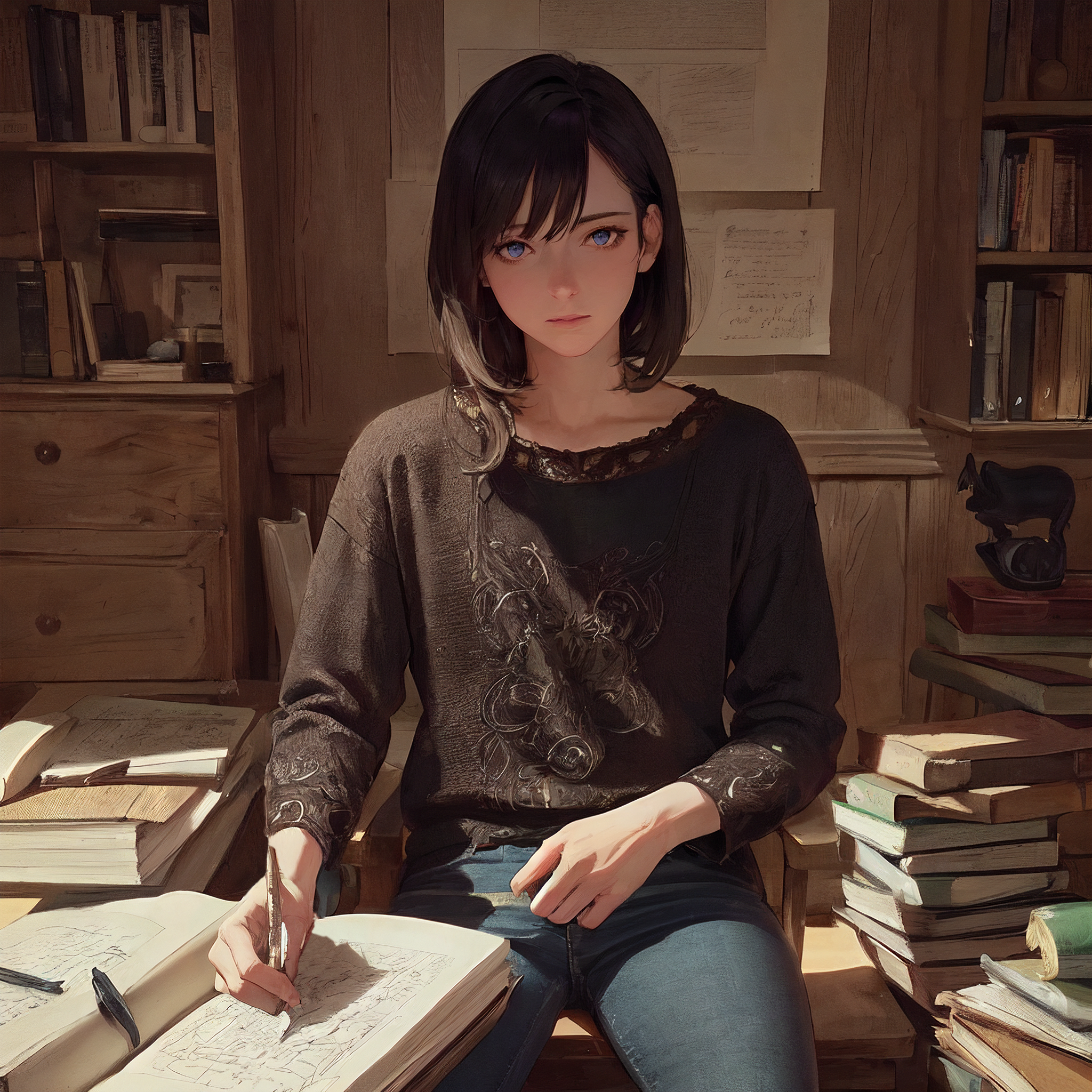 There is a woman sitting in a chair with a book - SeaArt AI