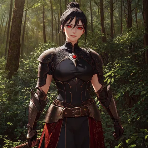 (masterpiece, best quality, ultra-detailed, best shadow),(western style:0.5), (realistic:1.2), analog style, (fibonacci), (detailed background, upper body, cowboy shot, smile, standing, forest, day, light through trees, delicate\(armor\)), (beautiful detailed face, masculine features, mature face),  (best illumination), ((cinematic light)), colorful, hyper detail, dramatic light, intricate details, (1girl, [androgynous], woman named Fyra, black hair, (hair bun), (black sclera:1.5, red eyes), large breasts, large hips, armor, belt, sword, medieval), <lora:blacksclera-v1.5-lora-naivae-32dim-6ep:0.6>