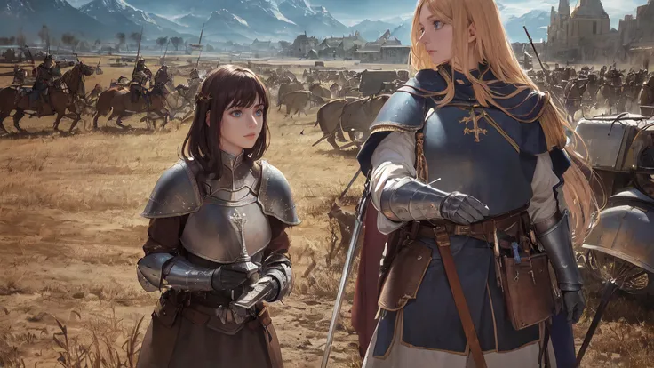 (masterpiece, best quality, ultra-detailed, best shadow, absurdres), (western style:0.5), (realistic:1.2), analog style, (Fibonacci), (detailed background, wide shot, battlefield, two armies at war, battle, fighting, hundred years war, (magic, mage, wizard, looking at another), english, french, armor), (best illumination), ((cinematic light)), colorful, hyper detail, dramatic light, intricate details