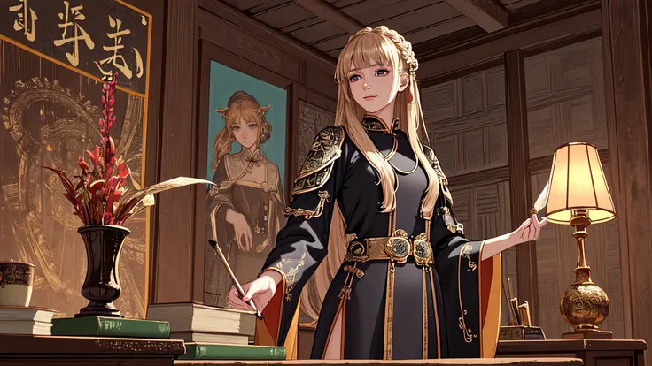 (masterpiece, best quality, ultra-detailed, best shadow, painting, absurdres), (western style:0.5), (realistic:1.2), analog style, (Fibonacci), (detailed background, cowboy shot, full body, standing, gentle smile, brush, calligraphy brush, writing in book, inkwell, desk, holding book, looking at viewer, medieval ), ( detailed face, masculine features, strong jawline), (best illumination), ((cinematic light)), colorful, hyper detail, dramatic light, intricate details, (woman named Huafei, chinese, paper doll, paper hair, paper skin, inky eyes, sandy blonde hair, chinese text, black eyes, hanfu, writing on skin, goddess ), made by mori
