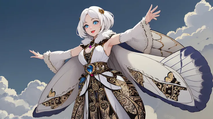 (masterpiece, best quality, ultra-detailed, best shadow), (western style:0.5), (realistic:1.2), analog style, (fibonacci) (detailed background, full body, wide shot, sky, clouds, flying, smiling, open mouth, outstretched arms, looking at viewer, ), (beautiful detailed face, feminine features), (best illumination), ((cinematic light)), colorful, hyper detail, dramatic light, intricate details, (mothgirl, white hair, blue eyes, neck fur, white moth wings, casual outfit ) <lyco:mothgirl:0.6>