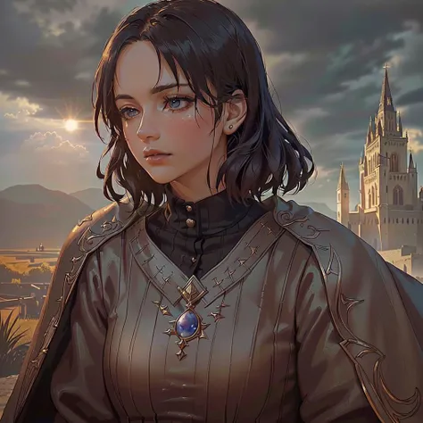close up shot, upper body shot, 1woman, a woman with auburn colored short hair (wearing fancy medieval jacket:1.2) in a medieval city, realistic reflections, analog style, (detailed background, castle, town, mountain, runes), (sun shining behind the trees:1.3), (dark weather, afternoon:1.5), (cute face, feminine facial features), wet hair, illumination, cinematic light, hyper detailed, (dramatic lighting:1.2), color graded, intricate details, (masterpiece, best quality, ultra-detailed, masterpiece, 4k, 8k, raw), (anime, illustiration, realistic:1.15) <lora:zovyaWetHair:0.5>