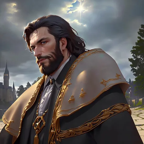 close up shot, upper body shot, 1man, a man with along beard (wearing fancy medieval jacket:1.2) in a medieval city, realistic reflections, analog style, (detailed background, castle, town, mountain, runes), (sun shining behind the trees:1.3), (dark weather, afternoon:1.5), (handsome face, masculane facial features), illumination, cinematic light, hyper detailed, (dramatic lighting:1.2), color graded, intricate details, (masterpiece, best quality, ultra-detailed, masterpiece, 4k, 8k, raw), (anime, illustiration, realistic:1.15)