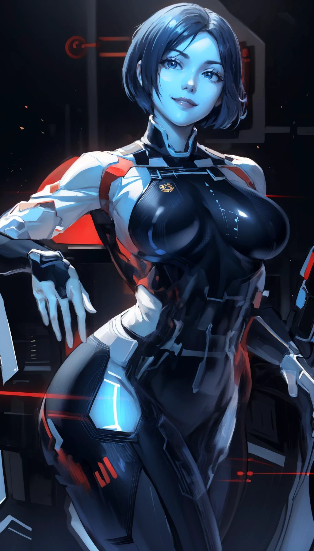 masterpiece, best quality, <lora:theweapon-nvwls-v1:0.9> mature female, thewpn, blue skin, blue bodysuit, head out of frame, looking at viewer, glowing, science fiction, black background, science fiction
seductive smile, smug, head tilt, arm behind head, short hair