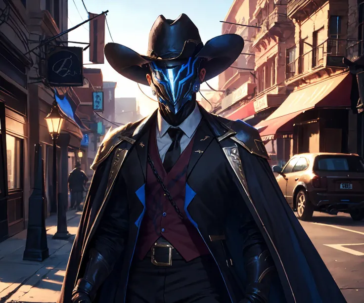 masterpiece,best quality,highres,cinematic lighting,dramatic angle,1boy,<lora:ShadowverseKyrzaelV4:0.8:lbw=jiangshi3>,helmet,black armor,white shirt,necktie,cape,circlet,black suit,looking at viewer,chain,holding,grasp,hand up, holding,leading dog,animal,streetscape,depth of field,chain,belt,cowboy western,cowboy western village,cowboy hat,revolver