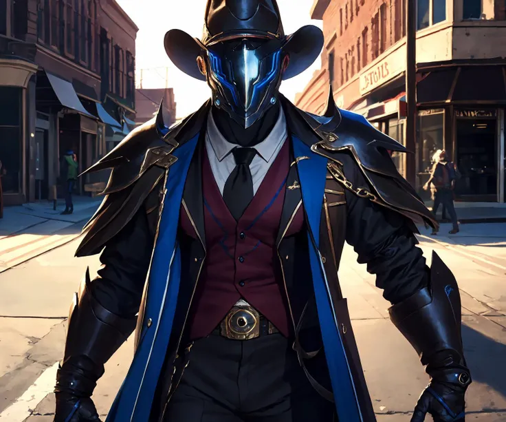 masterpiece,best quality,highres,cinematic lighting,dramatic angle,1boy,<lora:ShadowverseKyrzaelV4:0.8:lbw=jiangshi3>,helmet,black armor,white shirt,necktie,cape,circlet,black suit,looking at viewer,chain,holding,grasp,hand up, holding,leading dog,animal,streetscape,depth of field,chain,belt,cowboy western,cowboy western village,cowboy hat,revolver