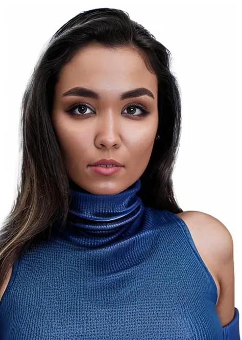 A captivating masterpiece of an woman, (((portrait))), (((dressed in a blue turtleneck leather dress))), makeup, The use of high-shine gloss adds a touch of glamor, studio lighting, background blurred, detailed, sharp focus, 8k, <lora:MS_Ciel_V2_32:0.8>