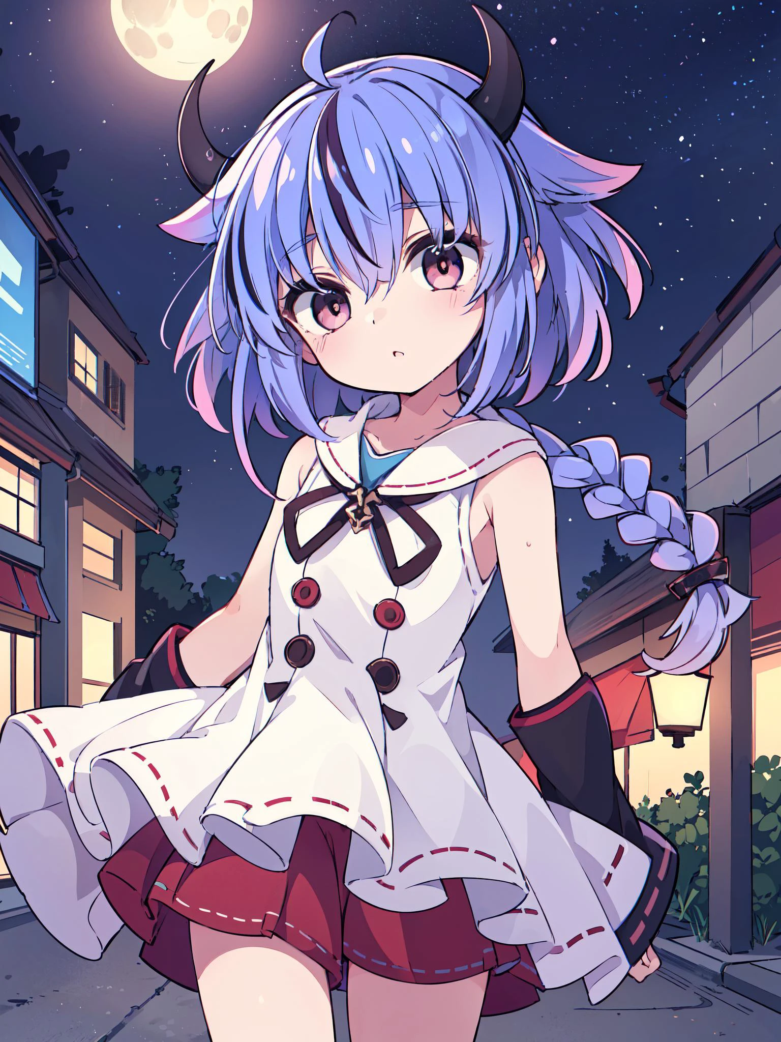 (Masterpiece,Best quality,8k,4k, high resolution, detailed skin, detailed hair:1.2), (fantasy,animated:1.2),
1girl, solo,outdoors,skinny, solo focus,blush stickers, childish girl
cowboy shot, detailed background,strolling on the street, Hair waving in the wind,night, moon sky,world travel
blue hair, multicolored hair, (black horns:1.2), pink eyes,(single braid:1.2),white short sleeveless dress,red hot pants,gradient hair,short hair, ahoge
by meika_mikoto
, <lora:GoodHands-beta2:0.8> <lora:mikoto_v2-000015:0.9>