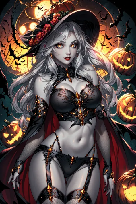 Lady_Death, 1girl, solo, long hair, breasts, looking at viewer, large breasts, thighhighs, gloves, navel, cleavage, underwear, yellow eyes, grey hair, midriff, cape, nail polish, lips, fingernails, makeup, glowing, colored skin, garter straps, lipstick, fishnets, glowing eyes, halloween, jack-o'-lantern, red lips, magic, pumpkin, EarthPorcelain, <lora:Ladydeath:0.8>