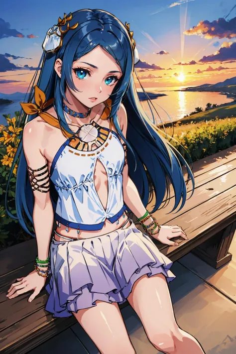masterpiece, best quality, yeul, hair ornament, bracelet, armlet, white tank top, skirt, blue sky, looking at viewer, sitting, from above, sunset, looking at viewer <lora:yeul-nvwls-v1-000009:0.9>