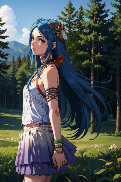 masterpiece, best quality, yeul, hair ornament, bracelet, armlet, white tank top, skirt, blue sky, forest, looking at viewer, cowboy shot, glowing, abstract background, from side <lora:yeul-nvwls-v1-000009:0.9>