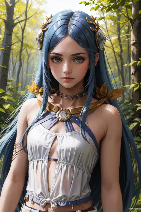 masterpiece, best quality, yeul, hair ornament, bracelet, white tank top, skirt, blue sky, forest, looking at viewer, upper body <lora:yeul-nvwls-v1-000009:0.9>