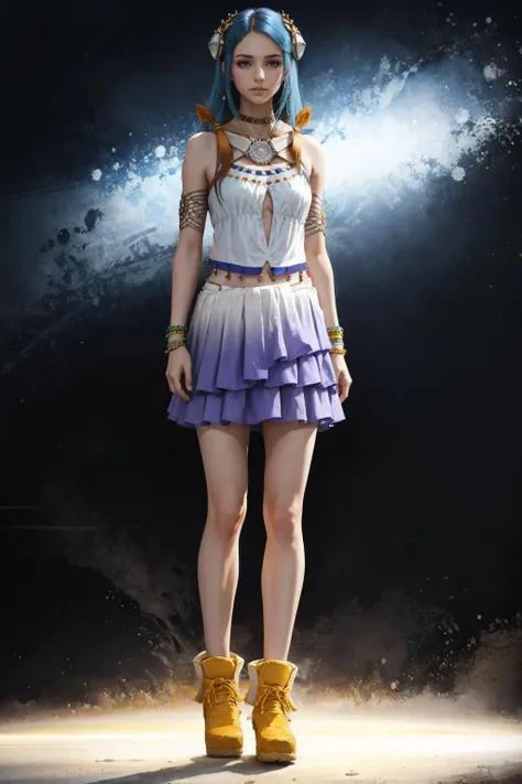 masterpiece, best quality, yeul, hair ornament, bracelet, armlet, white tank top, skirt, blue sky, looking at viewer, yellow boots, standing, hands to heart, glowing, abstract background <lora:yeul-nvwls-v1-000009:0.9>