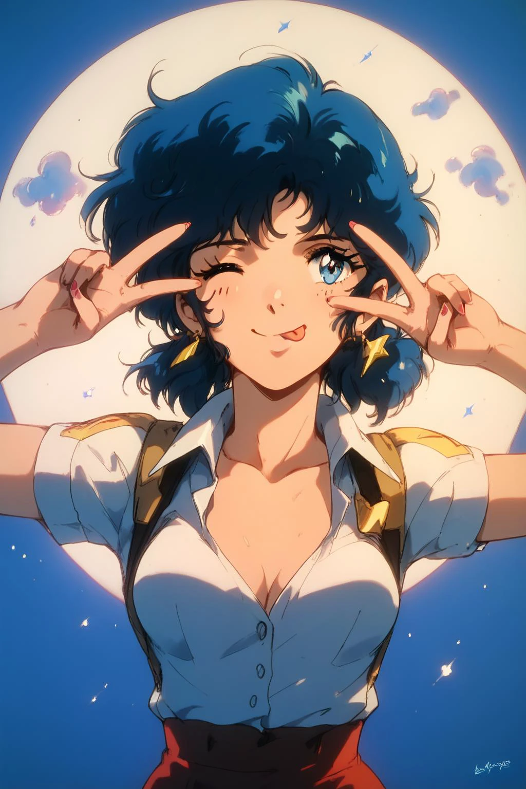 double peace,one eye closed, :P, tongue out <lora:emoengine.pony:1>, <lora:AniZi_v5:1> 1girl, 1980s_\(style\), Score_9, Score_8_up, Score_7_up, Score_6_up, Score_5_up, Score_4_up, BREAK,1girl in full growth, best quality, masterpiece, ultra-detailed, high quality,good quality,1 girl,(master piece,high resolution, ultra detailed,8K,16K),look at viewer