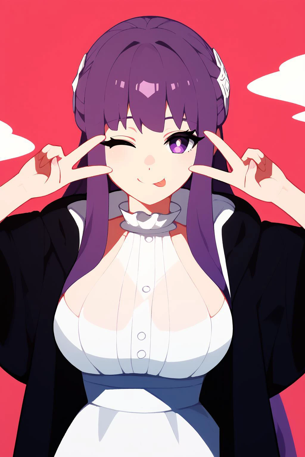 double peace,one eye closed, :P, tongue out <lora:emoengine.pony:1.2>, <lora:ChamFernPonyXL:1> FernFrieren,purple eyes,purple hair, long hair,half updo,hair ornament,large breasts,FernBase,white dress, collared dress, black robe, Score_9, Score_8_up, Score_7_up, Score_6_up, Score_5_up, Score_4_up, BREAK,1girl in full growth, best quality, masterpiece, ultra-detailed, high quality,good quality,1 girl,(master piece,high resolution, ultra detailed,8K,16K),look at viewer