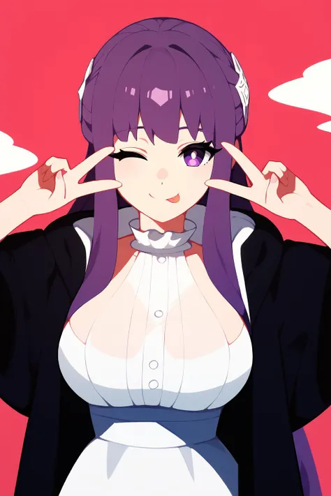 double peace,one eye closed, :P, tongue out <lora:emoengine.pony:1.2>,  <lora:ChamFernPonyXL:1> FernFrieren,purple eyes,purple hair, long hair,half updo,hair ornament,large breasts,FernBase,white dress, collared dress, black robe, Score_9, Score_8_up, Score_7_up, Score_6_up, Score_5_up, Score_4_up, BREAK,1girl in full growth, best quality, masterpiece, ultra-detailed, high quality,good quality,1 girl,(master piece,high resolution, ultra detailed,8K,16K),look at viewer