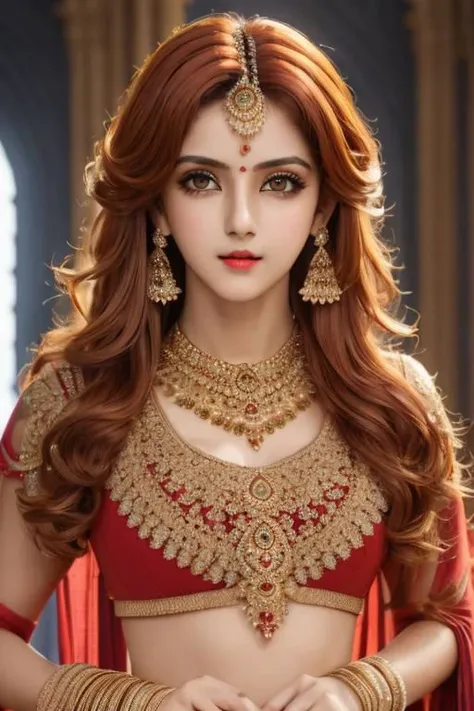 south indian girl, 20yo beautiful Gorgeous ukj person, perfect face, red sari, full body, (((blue hair , red eyes))), bare shoulders, dress, cleavage, detached sleeves